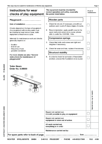 Timberplay Balancing Equipment - Totter Beam - Maintenance Instructions