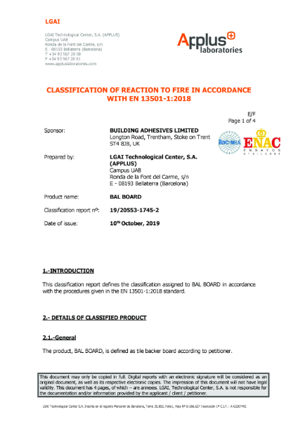 R EACTION TO FIRE - CLASSIFICATION REPORT EUI-22-000041