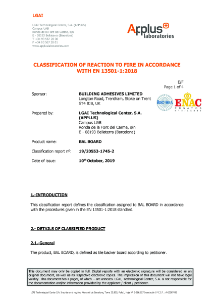 REACTION TO FIRE - CLASSIFICATION REPORT EUI-22-000041