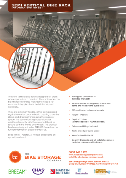 Bike Rack - Semi Vertical Cycle Rack Specification Sheet