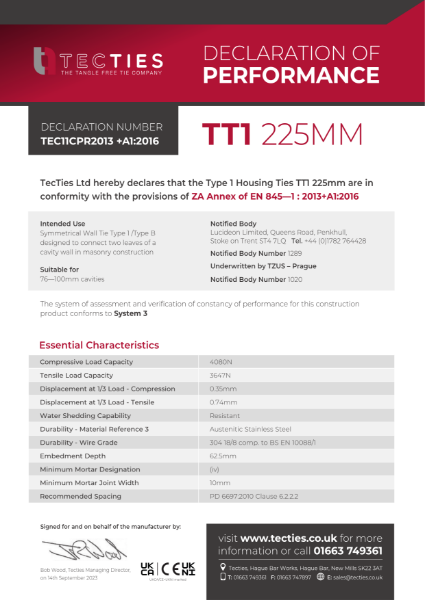 Type 1 Housing Ties TT1 225mm - 76—100mm cavities