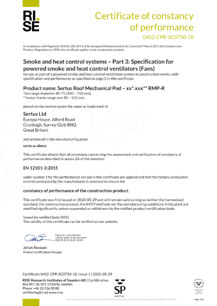 Certificate of Constancy of Performance – Sertus Pod Original