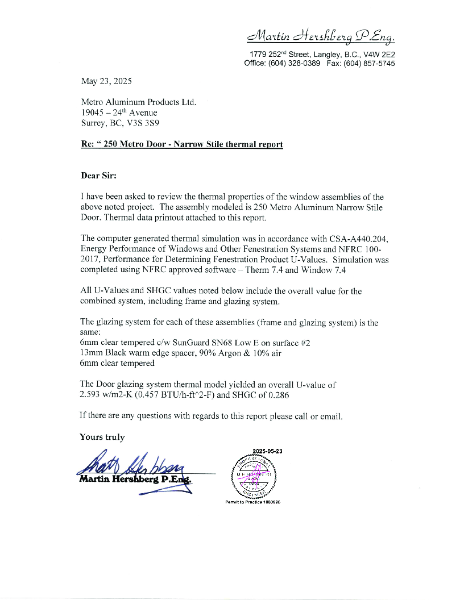 250 Series Door - Thermal Report