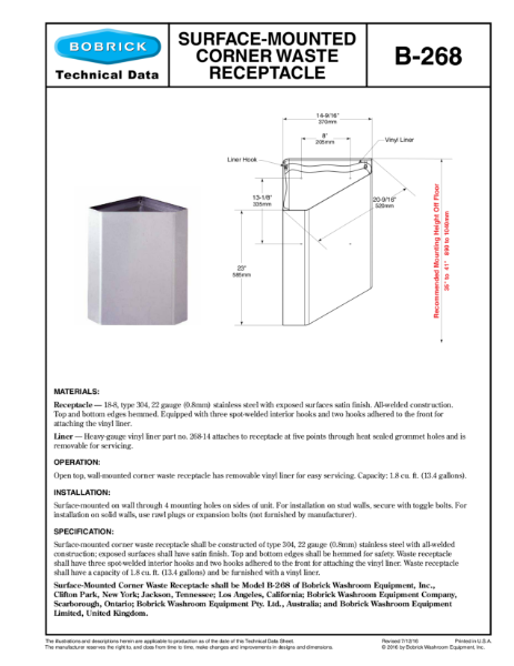 Surface-Mounted Corner Waste Receptacle - B-268
