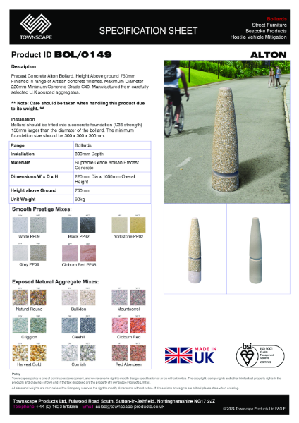 Townscape Alton Concrete Bollard Specification Sheet BOL/0149