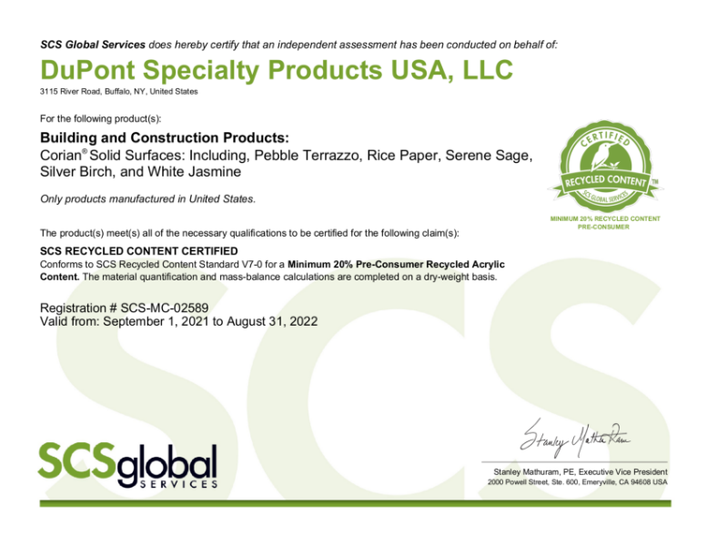 Corian® Solid Surface Recycled Content Certification (20%)