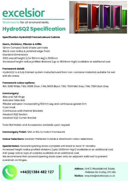 HydroSQ2 SGL Leisure Cubicle Specification / Data Sheet