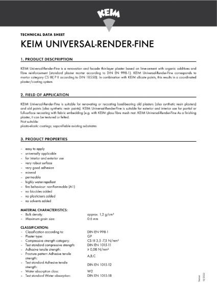 Keim Universal Render Fine (Uniputz 0.6) Technical Data Sheet