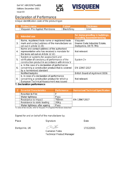 Tanking UKCA Visqueen Pre Applied Membrane Declaration of Performance