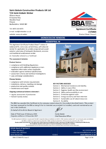 BBA Agrément Certificate (17/5464) Product Sheet 1 (weberpral M)
