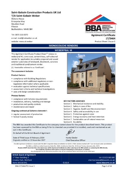 BBA Agrément Certificate (17/5464) Product Sheet 1 (weberpral M ...