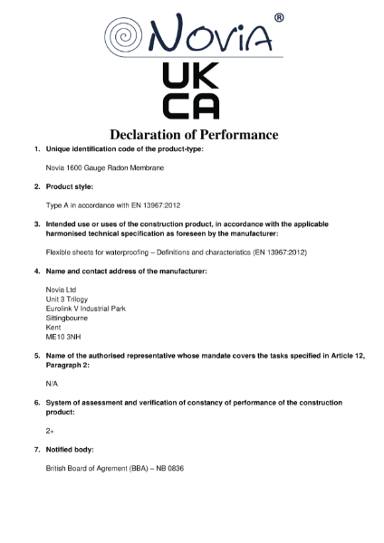 Novia 1600G Radon Barrier UKCA Declaration of Performance