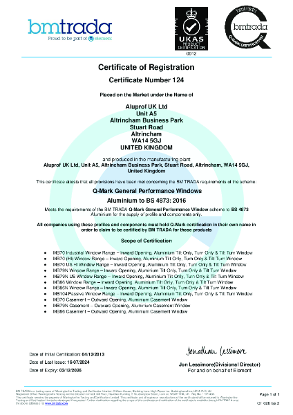 Aluprof Q-Mark General Performance Windows PAS 24 Certificate (MB-70, MB-79N, MB-86, MB-104 Ranges)