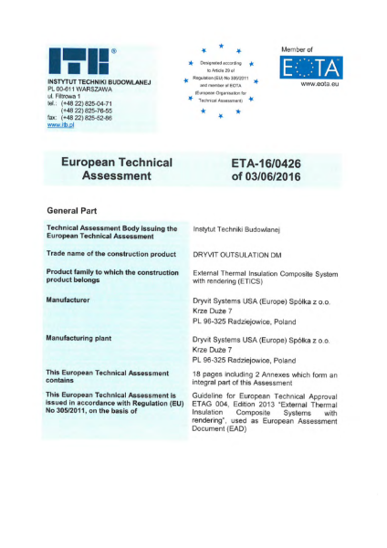 European Technical Approval (ETA): 16/0426