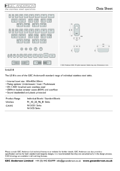 GEC Anderson Data Sheet - Sink Bowl: LE18