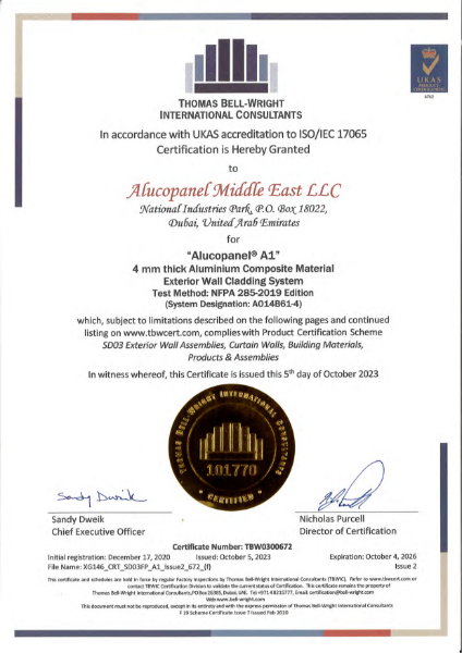 Euroclass A1 Non-Combustible - System Fire Test NFPA285  (USA) for Non Load-bearing ventilated Facades