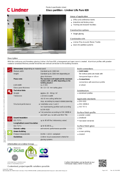 Glass partition - Lindner Life Pure 620 Datasheet