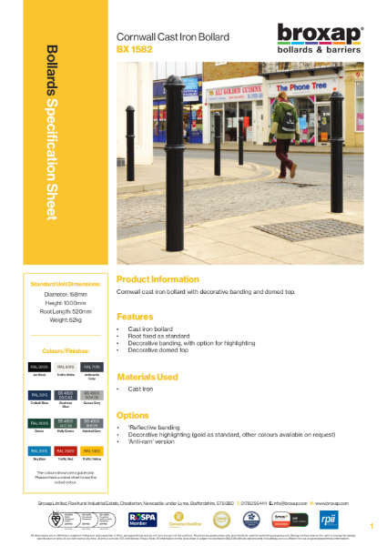 Cast Iron Cornwall Bollard Specification Sheet