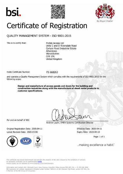 Profab Access ISO 9001:2015 Certificate