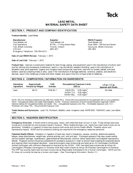 MATERIAL SAFETY DATA SHEET - LEAD