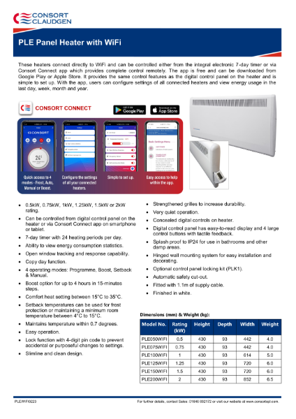 PLE Panel Heater with WiFi data sheet