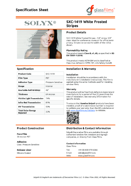 SXC-1419 White Frosted Stripes Specification Sheet