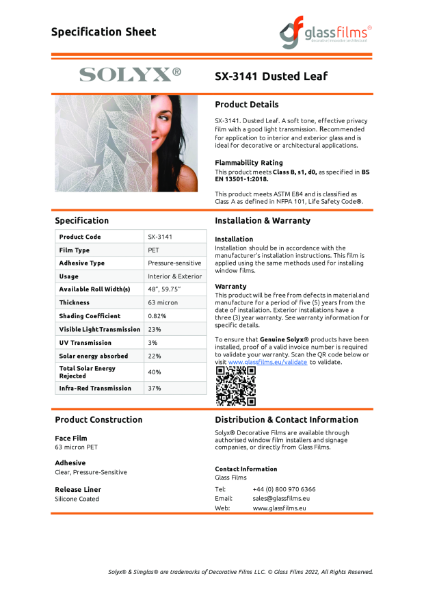 SX-3141 Dusted Leaf Specification Sheet