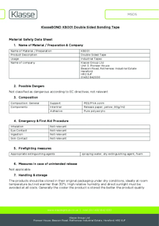 KB001 KlasseBOND Double Sided Bonding Tape FR MSDS