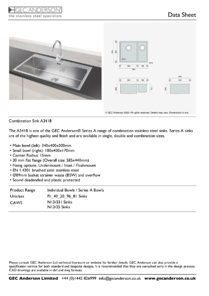 GEC Anderson Data Sheet - Series A sink: A3418
