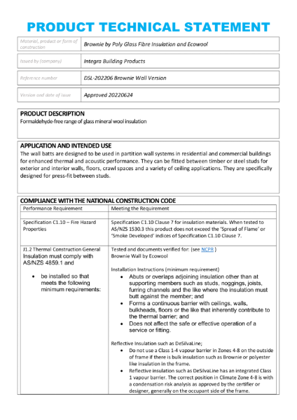 Brownie Wall Product Technical Statement.
