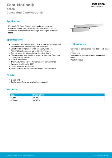 DC860 door closer fact sheet