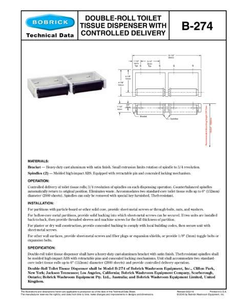 Double-Roll Toilet Tissue Dispenser with Controlled Delivery - B-274