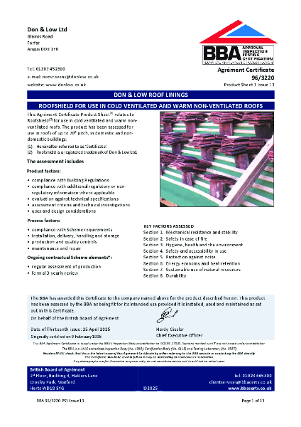 Roofshield BBA Certificate Cold Vented and Warm Non-Vent Roofs 96-3220 Issue 13