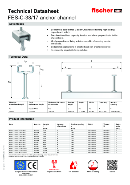 FES-C-38/17 anchor channel - Technical Datasheet