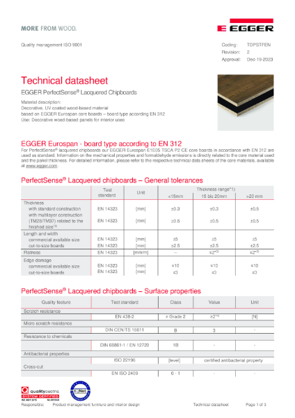 Technical Datasheet - PerfectSense® Lacquered Chipboard