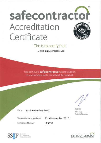 Achilles Certificate | Delta Balustrades Ltd | NBS Source