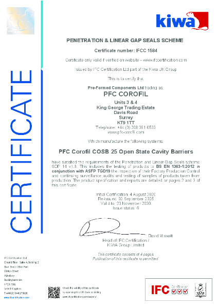 PFC Corofil Open State Cavity Barriers COSB 25 - IFC Certification: 1584