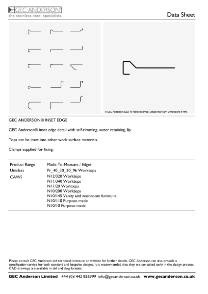 GEC Anderson Data Sheet - Inset Edge