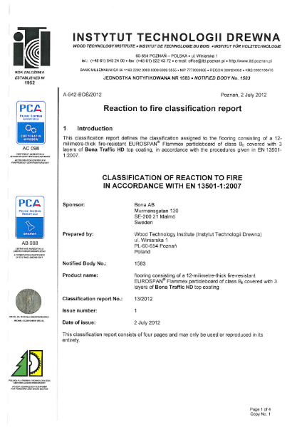 Bona Traffic HD Raw - EN13501-1 Reaction to Fire Classification