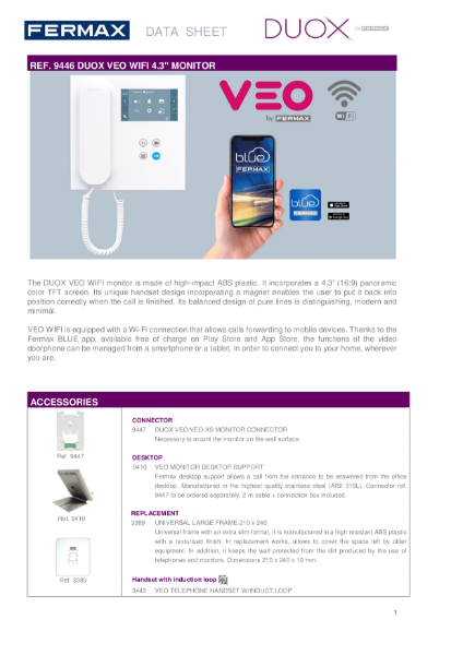 Veo Handset - Duox 2 Wire - 4.3'' Video monitor Data Sheet