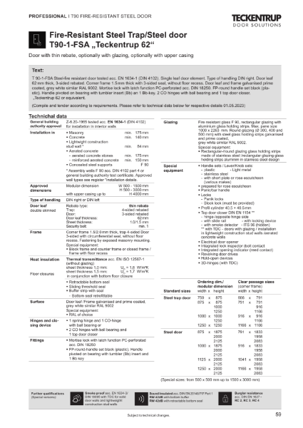Fire Protection Door T90-1-FSA "Teckentrup 62" (Technical Data)