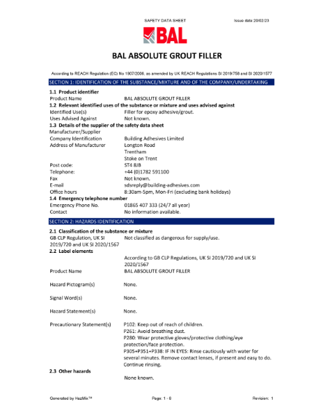 BAL Absolute Grout Filler Material Safety Datasheet