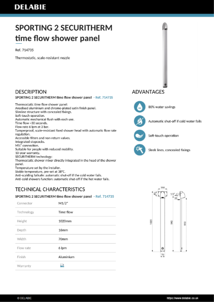 SPORTING 2 SECURITHERM time flow shower panel Data Sheet - 714735