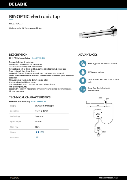 BINOPTIC 2 wall-mounted electronic tap Data Sheet - 379ENC15