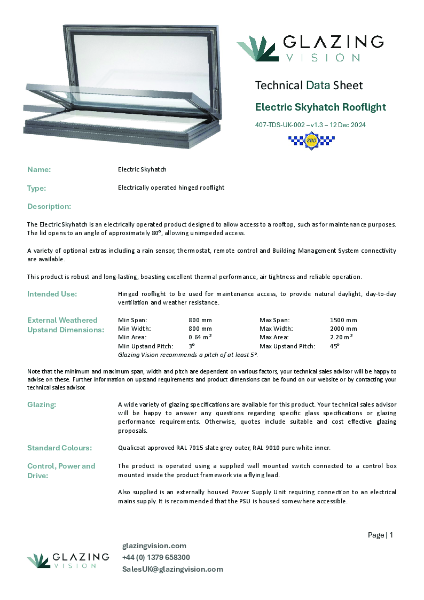 Skyhatch Electric Product Data Sheet