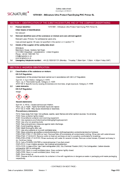 SIGnature Ultra Protect Fast-Drying PVC Primer - Safety Data Sheet