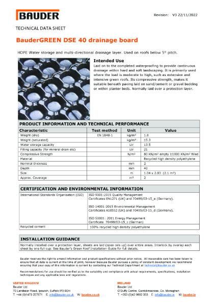 BauderGREEN DSE 40 Drainage Board - Technical data sheet