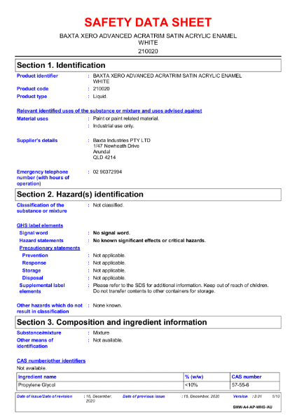 Xero advanced Acatrim satin acrylic enamel safety data sheet