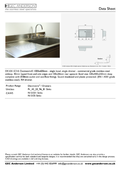 GEC Anderson Data Sheet - DR106 (G54) R Single Bowl With Drainer