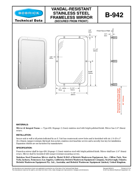 Vandal-Resistant Stainless Steel Frameless Mirror (secured from the front) - B-942